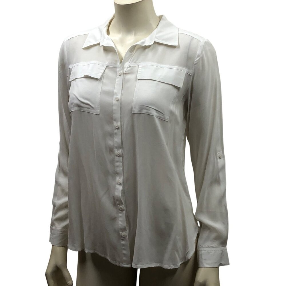 A.N.A Womens White Button-Up Long Sleeve Blouse Chest Pockets PMD NWT